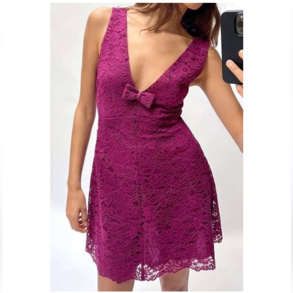 Zara Womens Mini Dress Pinafore Bow S Fuchsia Pink Floral Lace NWT